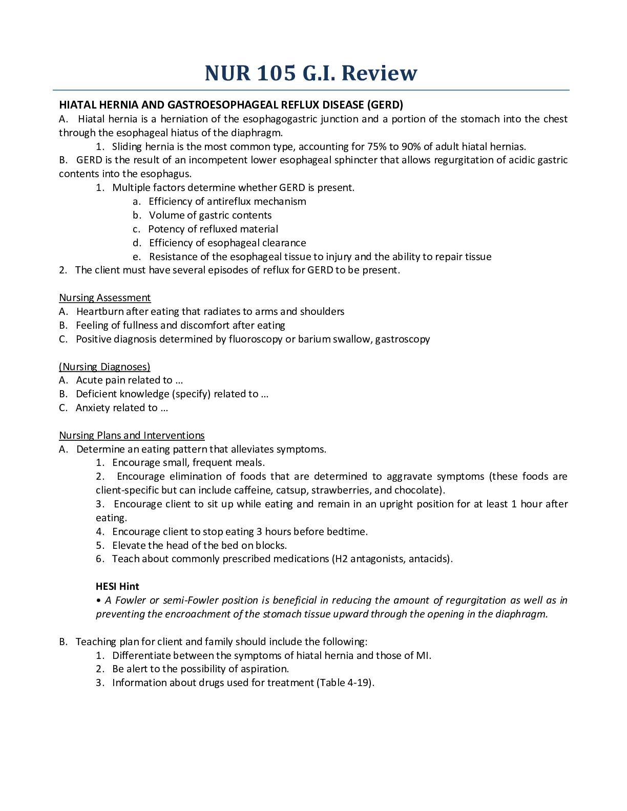 Preview image of NUR 105 G.I. Review document